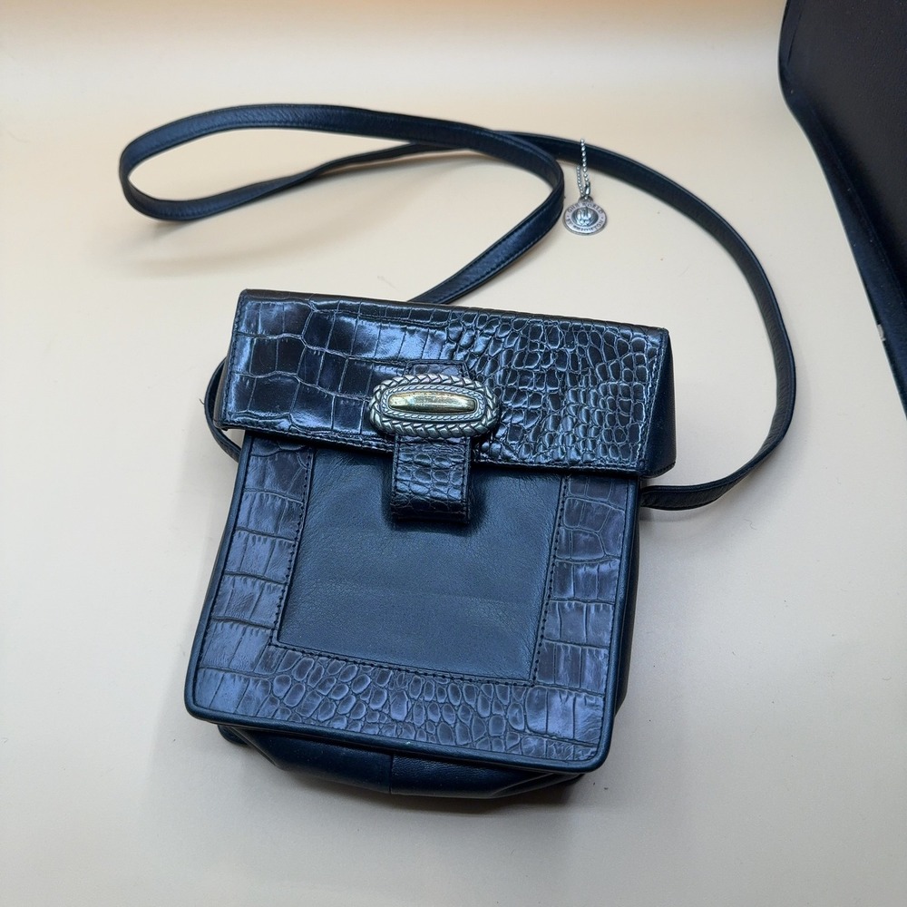 Brighton One World Crossbody Bag Black Leather Croc Embossed Flap Small